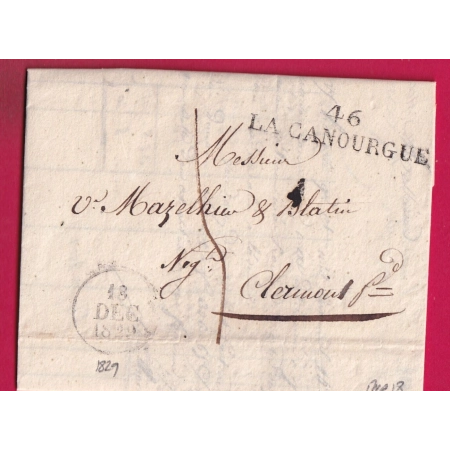 MARQUE 46 LA CANOURGUE LOZERE 1829 INDICE 18 POUR CLERMONT FERRAND PUY DE DOME LETTRE