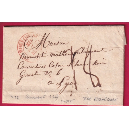 CAD TYPE 12 BOULOGNE HAUTE GARONNE EN ROUGE TEXTE ESCANECRABE 1834 POUR LYON RHONE TAXE 18 INDICE 15 LETTRE