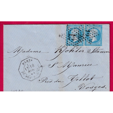 N°22 PAIRE PARIS LEVEE EXCEPTIONNELLE BT BEAUMARCHAIS 1E ETOILE 12 POUR LE TILLOT VOSGES INDICE 20 LETTRE