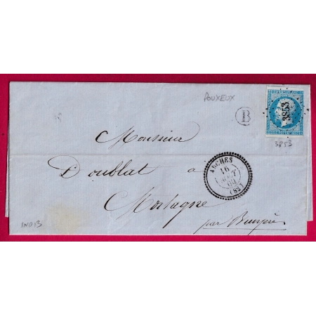 N°14 PC 3853 ARCHES VOSGES CAD TYPE 22 BOITE RURALE B POUXEUX POUR MORTAGNE BRUYERE INDICE 13 LETTRE