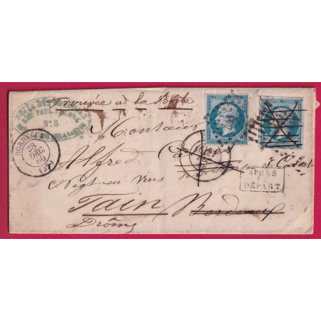 N°14 PARIS TROUVE A LA BOITE PUIS REEXPEDIE AVEC N°14 PC 41 BORDEAUX POUR TAIN DROME LETTRE