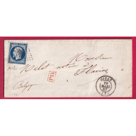 N°14 PC 1402 GIVET ARDENNES TARIF FRONTALIER POUR FLAVION BELGIQUE 1857 LETTRE
