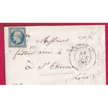 N°14 PC 1593 CAD TYPE 13 JOYEUSE ARDECHE 1854 INDCICE 19 POUR ST ETIENNE LOIRE LETTRE