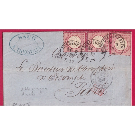 ALSACE LORRAINE DIEDENHOFEN THIONVILLE MOSELLE 1872 POUR PARIS LETTRE