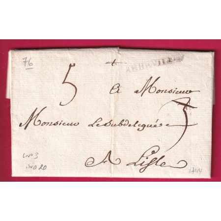 MARQUE ABBEVILLE SOMME 1744 LENAIN N°3 INDICE 20 POUR LILLE NORD LETTRE
