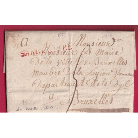MARQUE REVOLUTIONNAIRE 55 SARRE LIBRE MOSELLE SARRELOUIS TEXTE DE CASTEL 1810 POUR BRUXELLES BELGIQUE INDICE 18 LETTRE