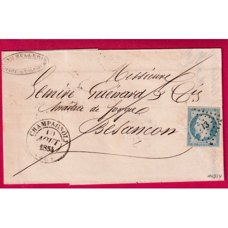 N°14 BLEU LAITEUX PC 713 CAD TYPE 14 CHAMPAGNOLE JURA POUR BESANCON DOUBS 1854 LETTRE