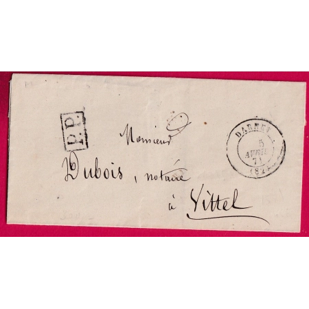 GUERRE 1870 PP FAUTE DE TIMBRE DARNEY VOSGES 5 AVRIL 1871 POUR VITTEL