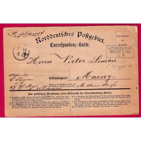 GUERRE 1870 CARTE FM PRUSSIENNE FELPOST RELAIS N°46 TEXTE LONGPERIER SEINE ET MARNE 21 MARS 1871 POUR MAINZ ALLEMAGNE