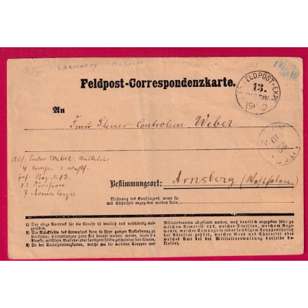 GUERRE 1870 CARTE FM PRUSSIENNE FELPOST RELAIS N°13 TEXTE LAQUENAXY MOSELLE 18 DEC 1870 POUR ALLEMAGNE