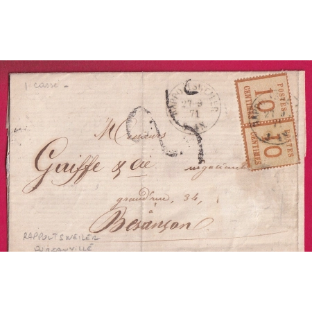 ALSACE LORRAINE N°5 PAIRE RAPPOLTWEILER RIBEAUVILLE HAUT RHIN TAXE 25C POUR BESANCON DOUBS VARIETE 1 CASSE 27 9 1871