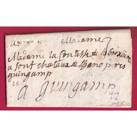 MARQUE MORLAIX FINISTERE 1750 LENAIN N°12 INDICE 18 POUR GUINGAMP LETTRE
