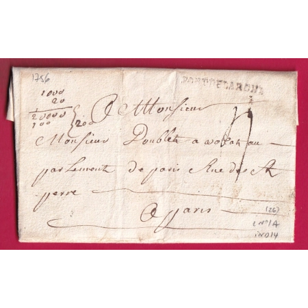MARQUE PONT DE LARCHE EURE LENAIN N°1A 1756 INDICE 14 POUR PARIS LETTRE