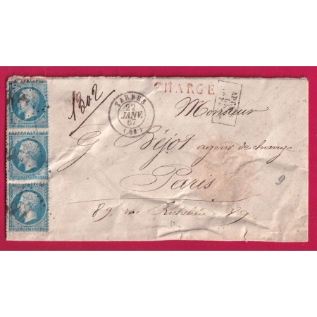 N°22 BANDE DE 3 GC 3906 TARBES HAUTE PYRENEES LETTRE CHARGE POUR PARIS 1867