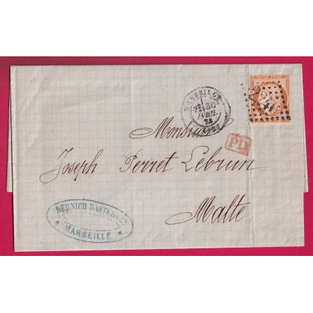 N°38 GC 2240 MARSEILLE POUR MALTE MALTA 1874 LETTRE
