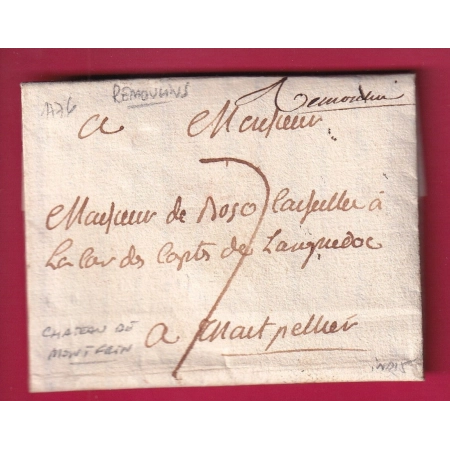 MARQUE MANUSCRIT REMOULINS GARD TEXTE CHATEAU DE MONTFRIN 1776 POUR MONTPELLIER INDICE 15 LETTRE