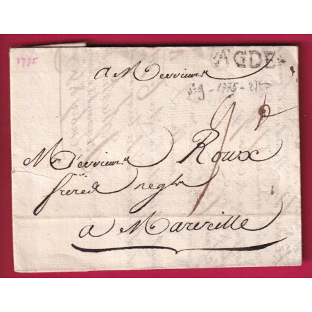 MARQUE AGDE LENAIN N°9 1775 27mm INDICE 17 POUR MARSEILLE LETTRE