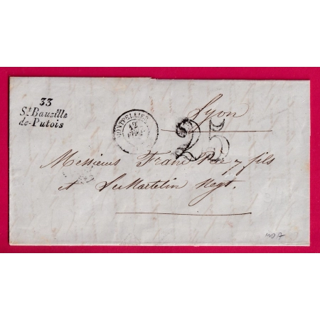 CURSIVE 33 ST BAUZILLE DE PUTOIS HERAULT POUR LYON 1852 INDICE 17 LETTRE