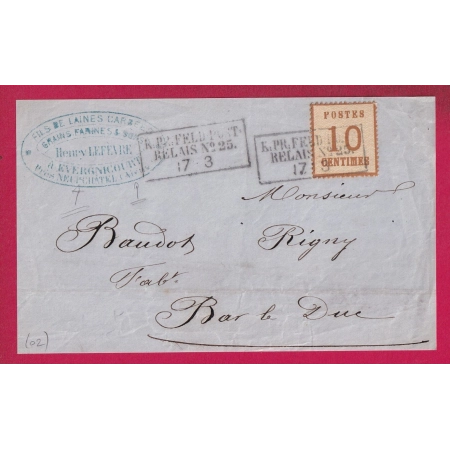 ALSACE LORRAINE N°5 FELDPOST RELAIS N°25 DE AVERGNICOURT AISNE POUR BAR LE DUC MEUSE DEVANT DE LETTRE