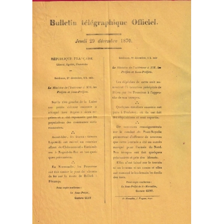 GUERRE 1870 BULLETIN TELEGRAPHIQUE OFFICIEL BORDEAUX 29 DECEMBRE 1870 LETTRE