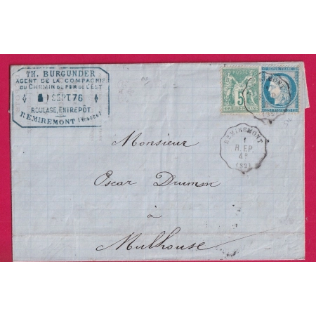 N°64 60 MIXTE SAGE CERES CONVOYEUR STATION REMIREMONT VOSGES POUR MULHOUSE ALLEMAGNE ALSACE LORRAINE 2 SEPT 1876 LETTRE