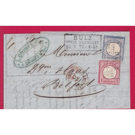 ALSACE LORRAINE SULZ KREIS GEBWEILER SOULTZ HAUT RHIN 1874 POUR MULHOUSE HAUT RHIN LETTRE