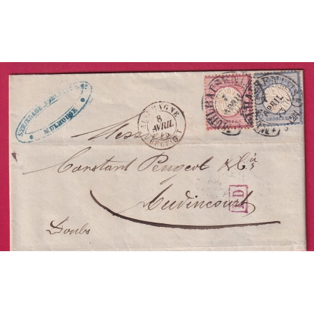 ALSACE LORRAINE FER A CHEVAL MULHOUSE HAUT RHIN 1873 POUR AUDINCOURT DOUBS LETTRE