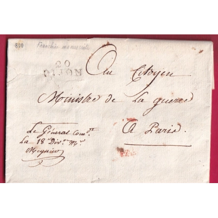 DIJON COTE D'OR FRANCHISE LE GENERAL MEYNIER COMDT 18 DIV MILITAIRE AN9 1801 POUR PARIS