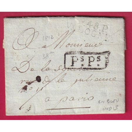 MARQUE P48P VALOGNES MANCHE EN BLEU PsPs POUR PARIS 1812 INDICE 13 LETTRE