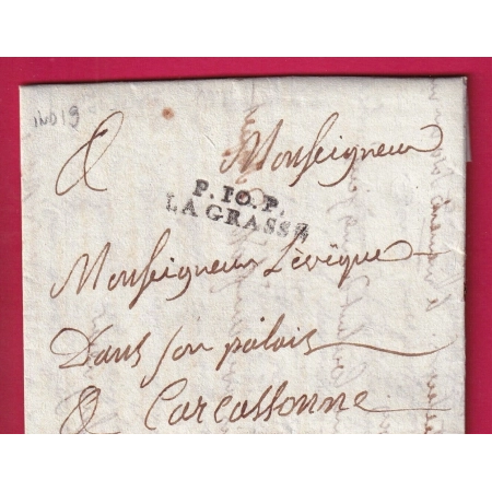 MARQUE P10P LA GRASSE AUDE INDICE 19 POUR EVEQUE DE CARCASSONNE 1818 TEXTE ST PIERRE DES CHAMPS INDICE 19 LETTRE