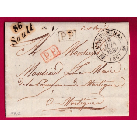 CURSIVE 86 SAULT VAUCLUSES PP NOIR ET ROUGE CAD TYPE 12 CARPENTRAS VAUCLUSE POUR MARTIGUES BOUCHES DU RHONE LETTRE