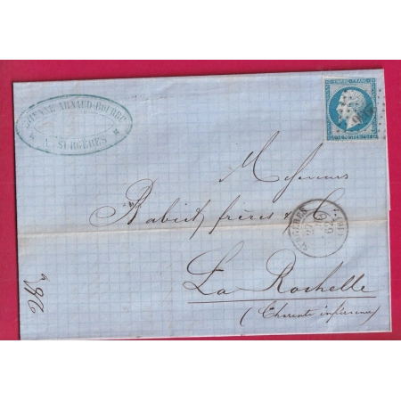 N°14 PERCE EN LIGNE PC 2956 SURGERES CHARENTE INFERIEURE POUR LA ROCHELLE LETTRE