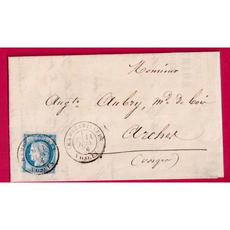 N°60 CAD TYPE 18 RAMBERVILLERS VOSGES 1875 POUR ARCHES LETTRE