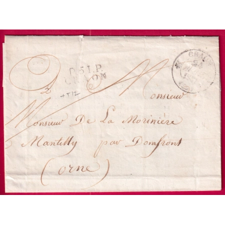 MARQUE P51P CRAON + CAD TYPE 12 MAYENNE POUR MANTILLY ORNE TAXE 1 AU DOS IMPRIMES LETTRE