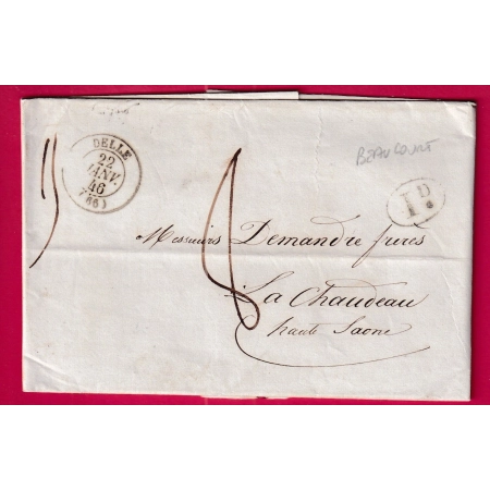 CAD TYPE 15 DELLE HAUT RHIN DECIME RURAL BEAUCOURT 1846 POUR LA CHAUDEAU HAUTE SAONE LETTRE