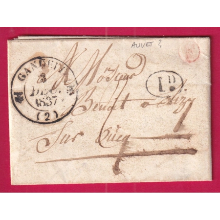 CAD TYPE 12 GANDELU AISNE BOITE RURALE F EN ROUGE VINLY ? DECIME RURALE 1837 POUR LIZY LETTRE