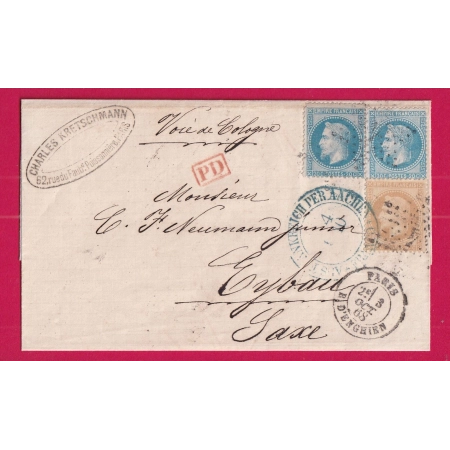 N°28 29X2 PARIS ETOILE 4 POUR EYBAU SAXE ALLEMAGNE 1868 LETTRE