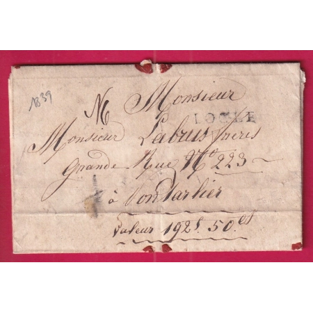 MARQUE LE LOCLE SUISSE 1839 EN VALEUR DECLAREE 192F50C POUR PONTARLIER DOUBS LETTRE