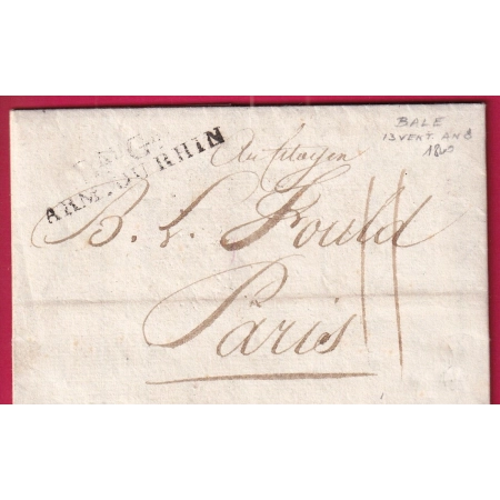 MARQUE BAU GAL ARMEE DU RHIN TEXTE DE BALE BASLE SUISSE AN8 1800 POUR PARIS LETTRE