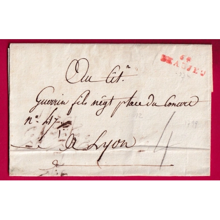 MARQUE 68 BEAUJEU RHONE 1799 POUR LYON INDICE 12 LETTRE