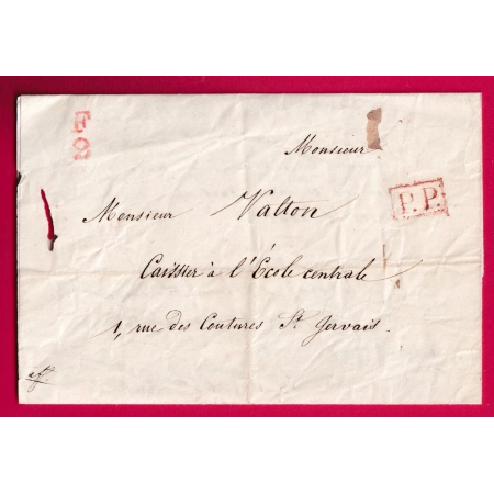 PETITE POSTE DE PARIS BOITIER F2 + PP ROUGE POUR PARIS 1837 TAXE 15C AU DOS LETTRE
