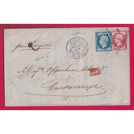 N°22 24 PARIS ETOILE PLEINE PL DE LA BOURSE POUR CONSTRANTINOPLE TURQUIE TURKEY 1865 DOUBLE PORT LETTRE