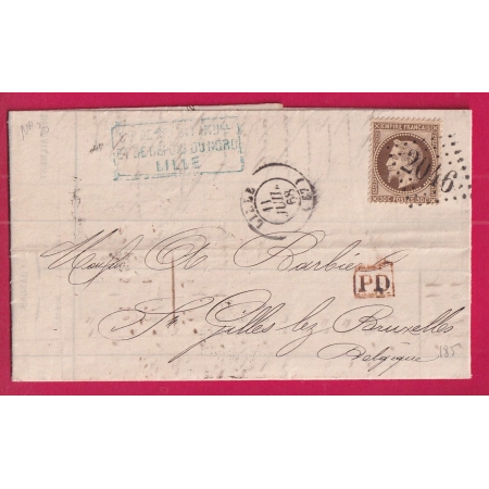 N°30 GC 2046 LILLE NORD POUR ST GILLES LEZ BRUXELLES BELGIQUE 1868 LETTRE