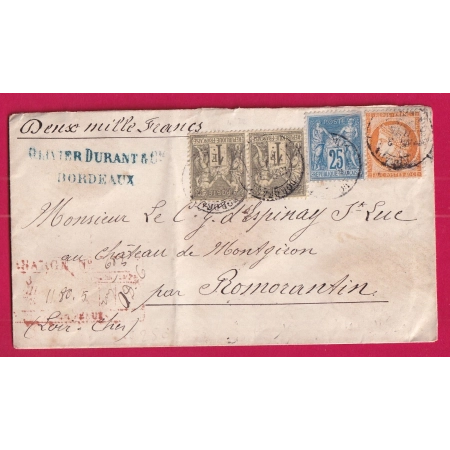 N°38 79 N°72 PAIRE BORDEAUX LETTRE CHARGE ROMORANTIN LOIR ET CHER MIXTE SAGE CERES LETTRE