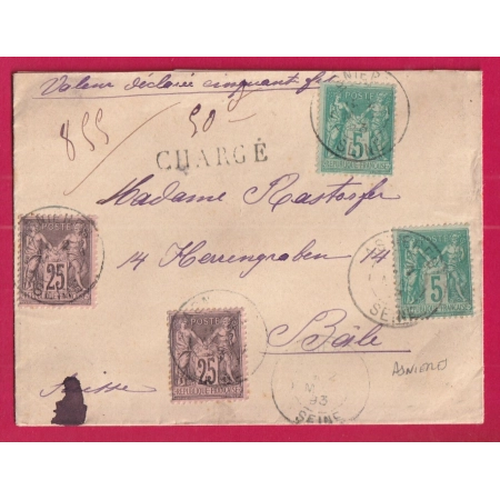 N°75 X2 97 X2 ASNIERES SEINE 1893 LETTRE CHARGE POUR BALE SUISSE LETTRE