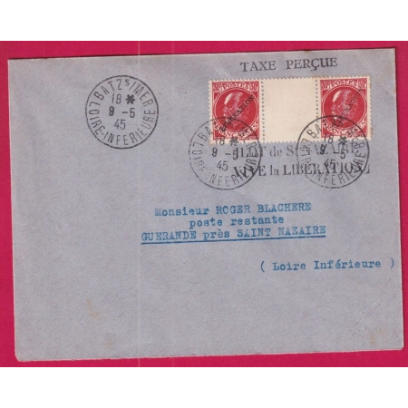 ILOT DE ST NAZAIRE POCHE DE L'ATLANTIQUE PETAIN 30C ROUGE SURCHARGE LIBERATION BATZ SUR MER LOIRE INFERIEURE 9.5.1945