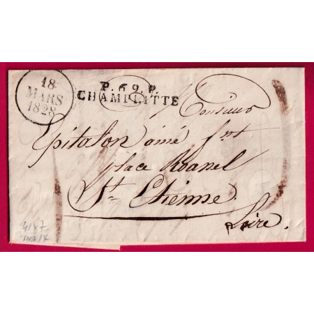 MARQUE P69P CHAMPLITTE HAUTE SAONE 1828 POUR ST ETIENNE LOIRE 41X7 INDICE 14 LETTRE