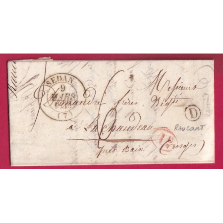 CAD TYPE 13 SEDAN ARDENNES BOITE RURALE D RAUCOURT + DECIME RURAL POUR LA CHAUDEAU VOSGES 1839 LETTRE