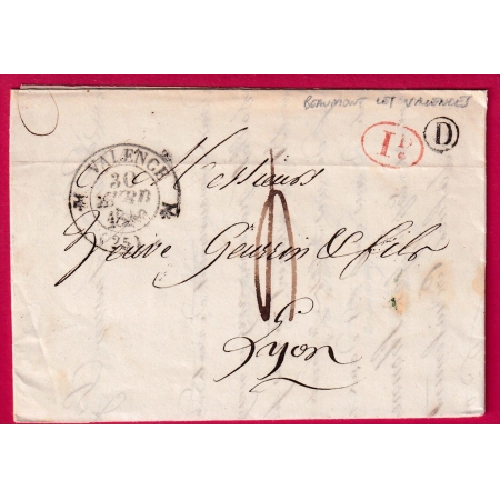 CAD TYPE 12 VALENCE DROME BOITE RURALE D BEAUMONT LES VALENCE + DECIME RURAL POUR LYON RHONE 1840 LETTRE