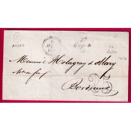 CURSIVE 32 GUJAN GIRONDE DATEUR B 1853 OR NEZER INDICE 16 POUR BORDEAUX LETTRE